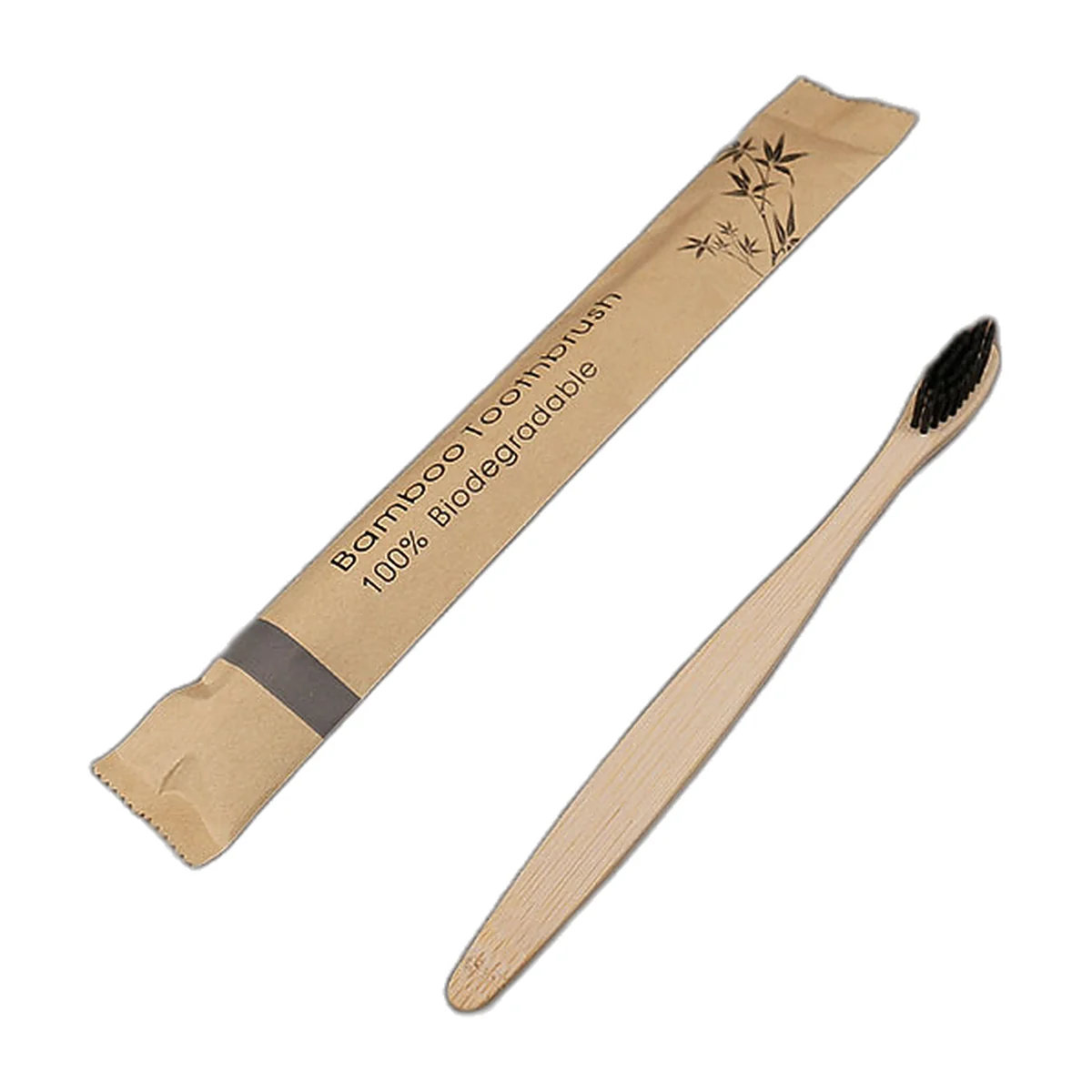 Brosse à dents en bambou à poils noirs et son étui en papier kraft