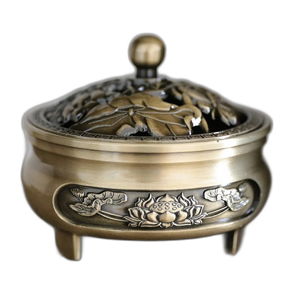 Brûle-encens tripode couleur bronze avec couvercle ajouré en feuilles de lotus