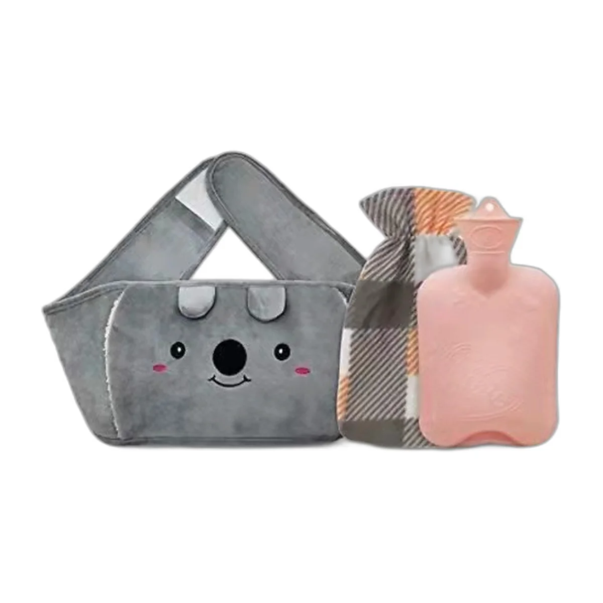 Ceinture bouillotte grise en flanelle avec sa bouillotte rose
