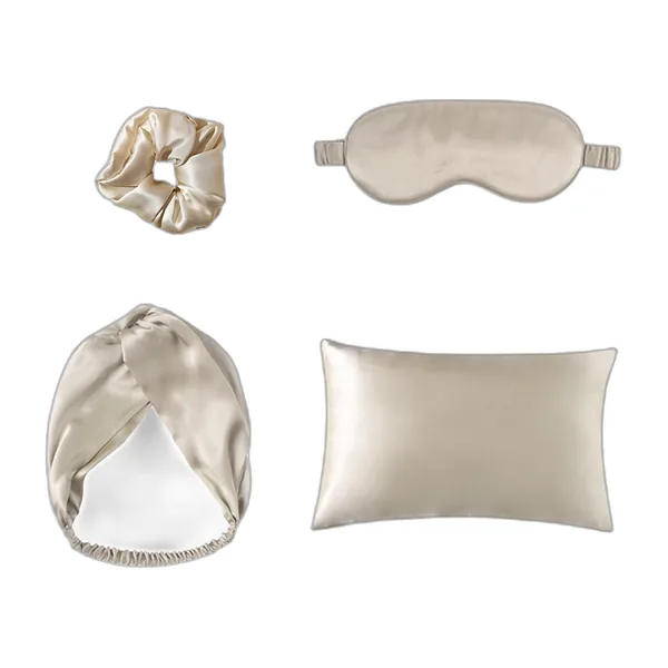 Taie d’oreiller, masque, bandeau et chouchou en satin champagne