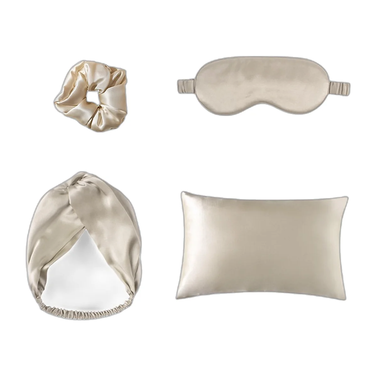Taie d’oreiller, masque, bandeau et chouchou en satin champagne