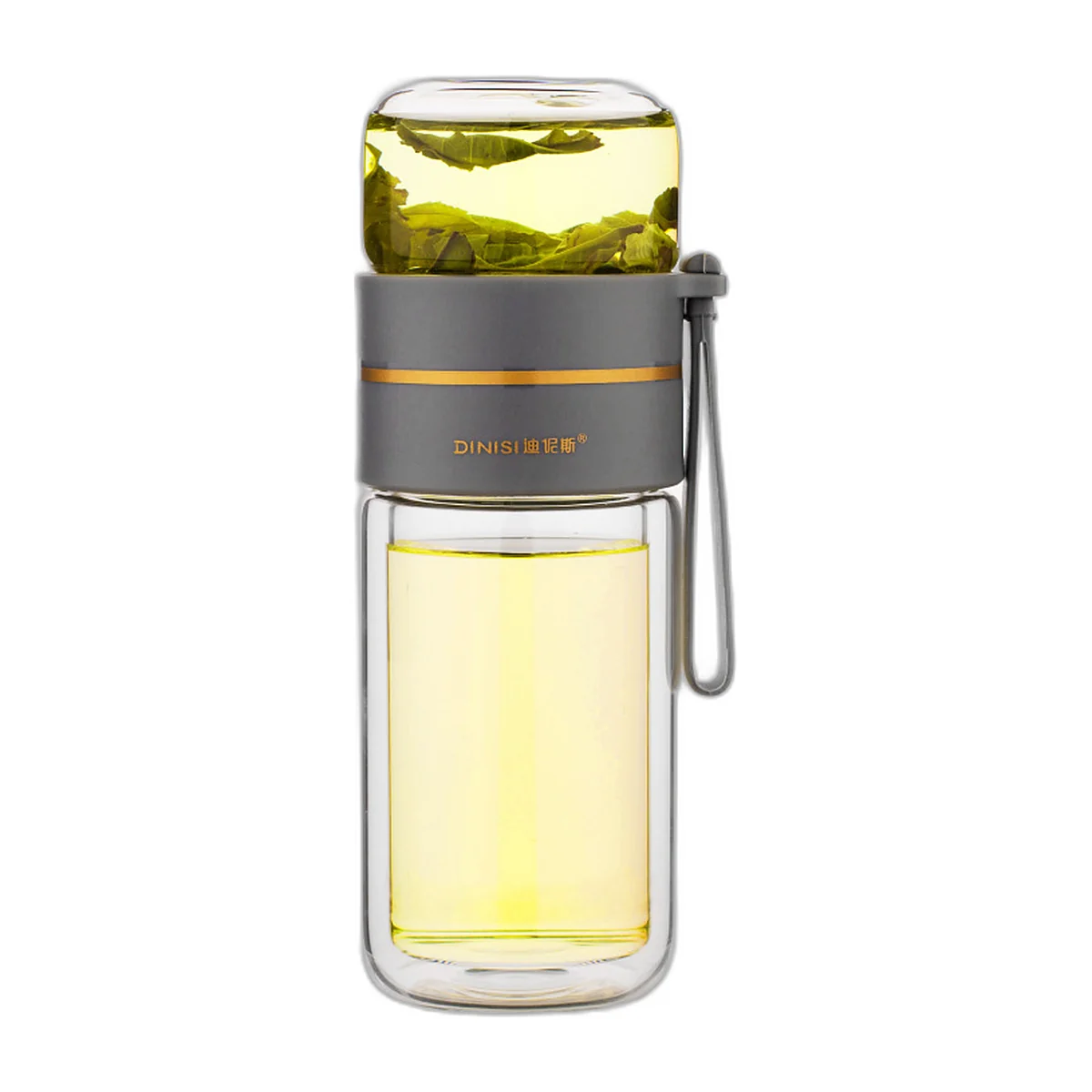 Gourde en verre double paroi grise avec compartiment à thé rempli de feuilles