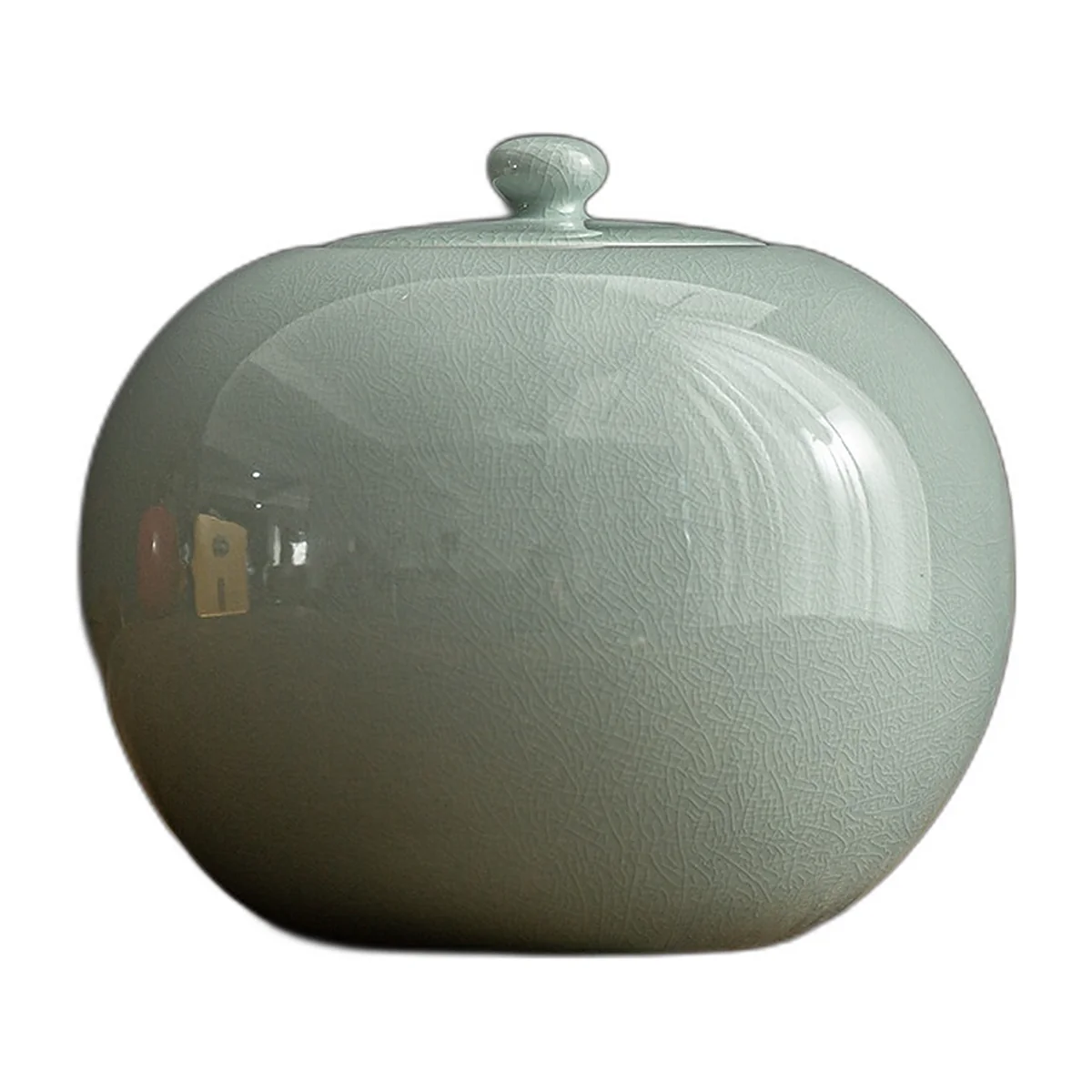 Grande jarre ronde en porcelaine céladon craquelée avec couvercle