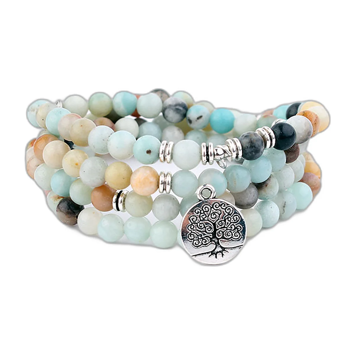 Mala de 108 perles d’amazonite enroulé, médaille arbre de vie