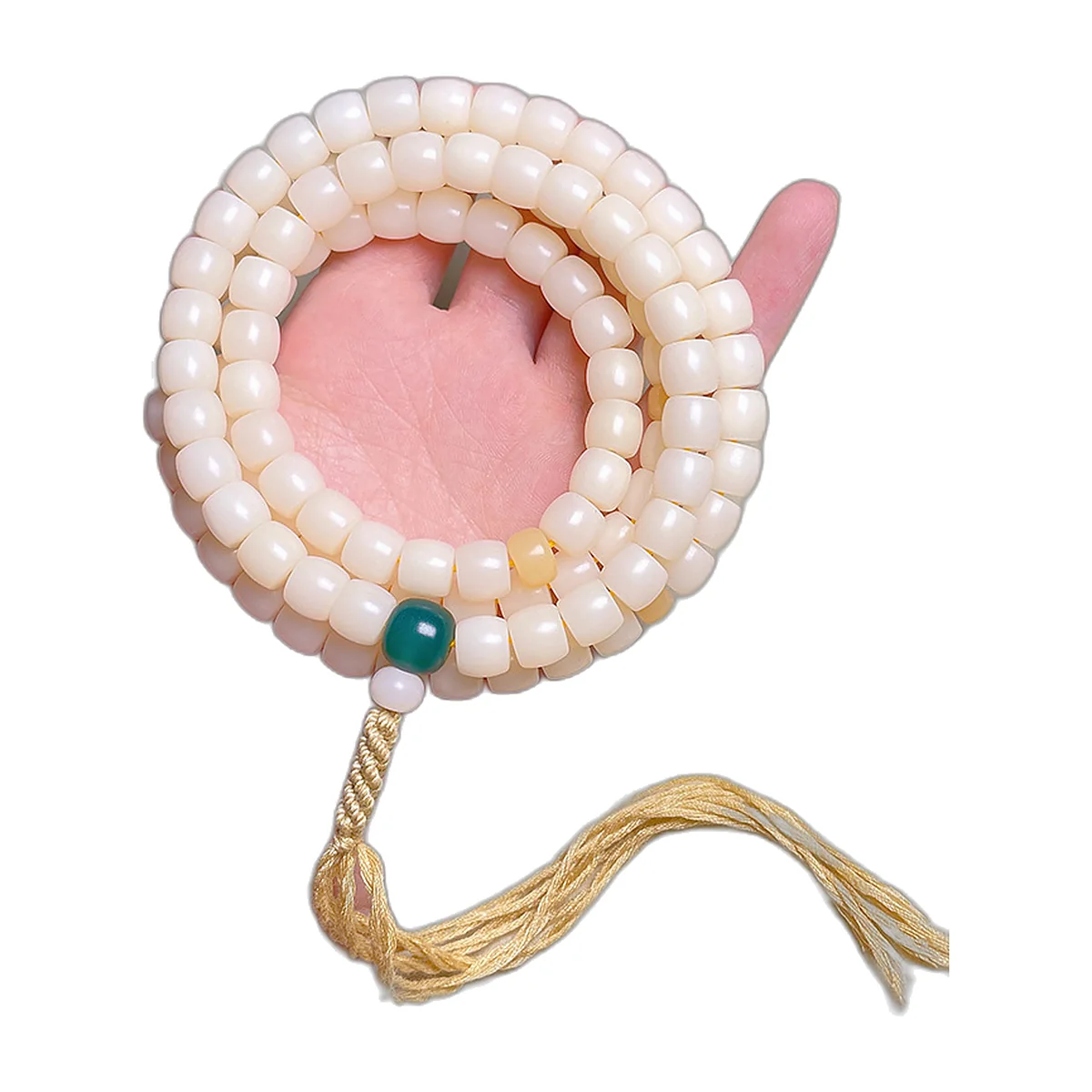 Mala blanc ivoire de 108 perles en racine de bodhi, pompon beige