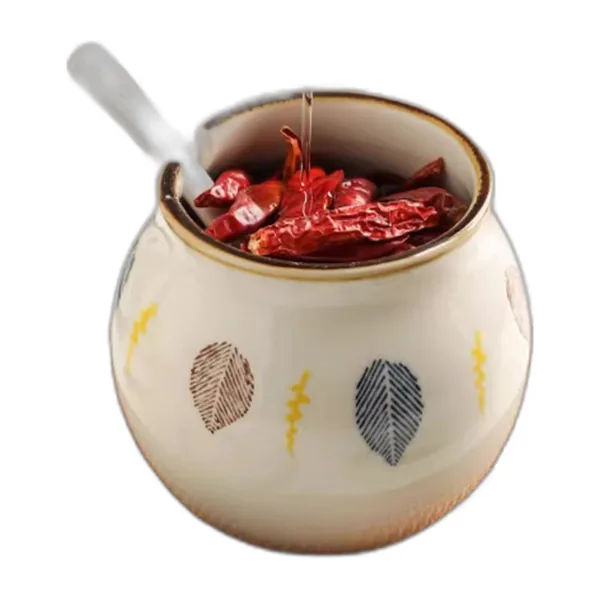 Pot rond en céramique crème peint de feuilles, couvercle brun
