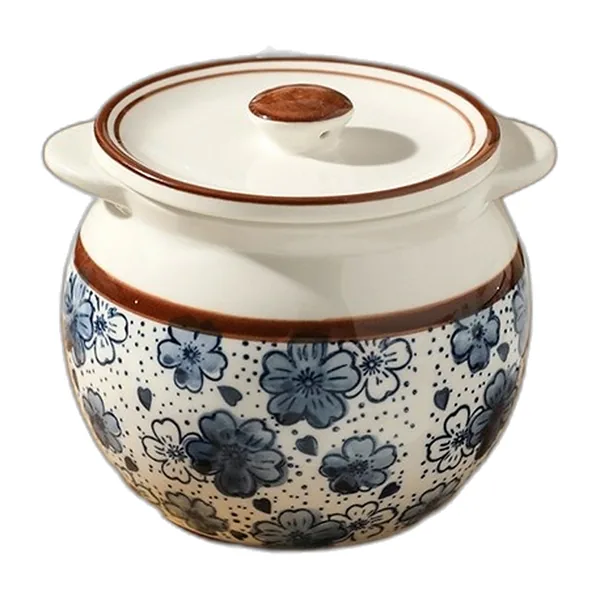 Pot en céramique crème à couvercle, décor de fleurs de cerisier bleues