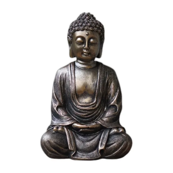 Statuette de bouddha assis en méditation, patine bronze, vue de face