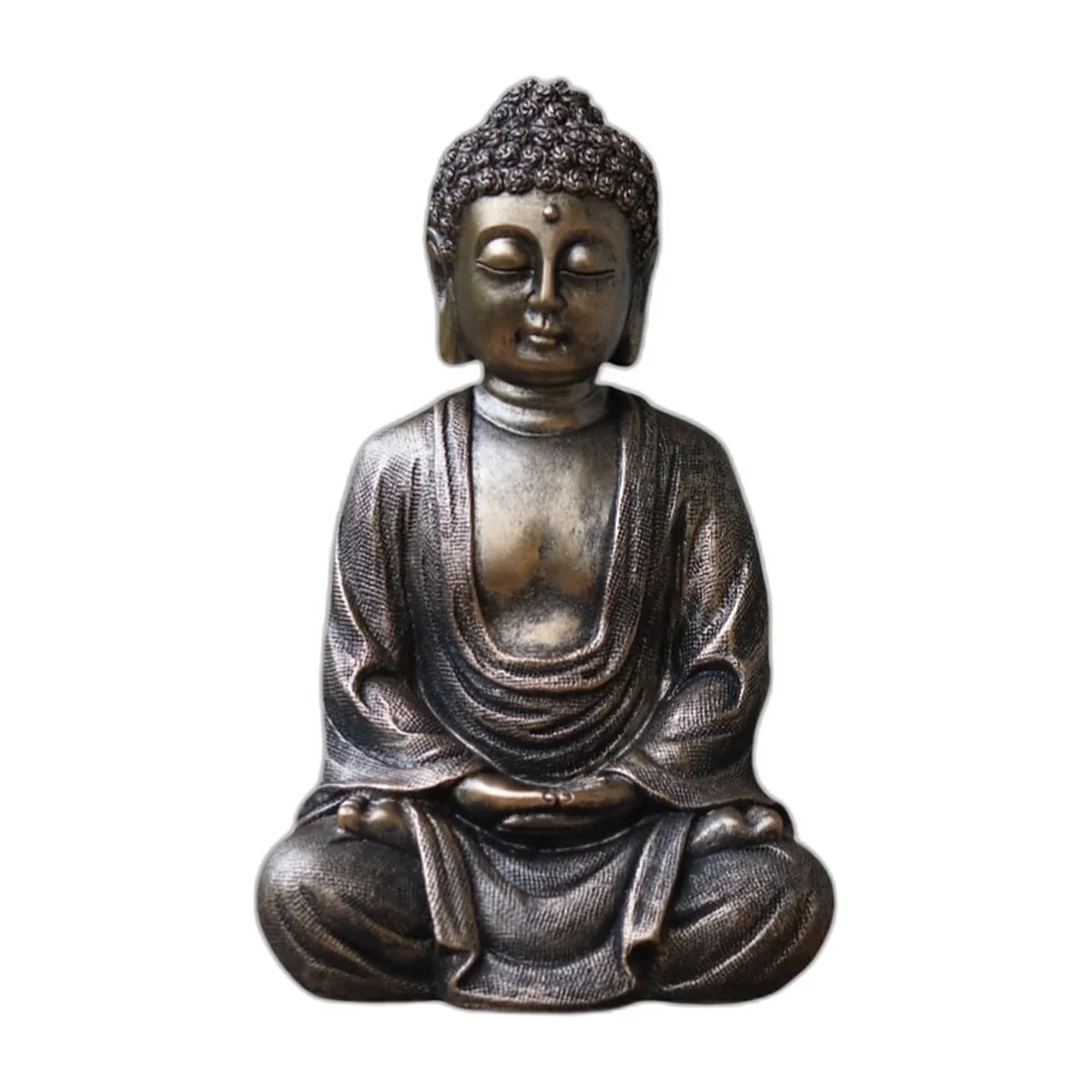 Statuette de bouddha assis en méditation, patine bronze, vue de face