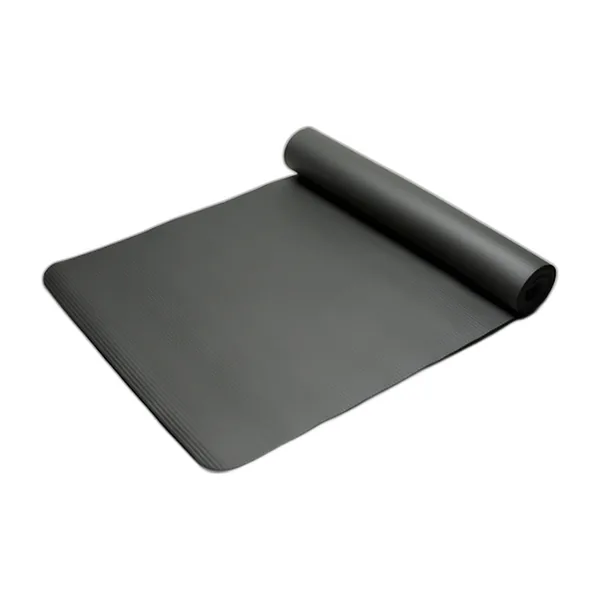 Tapis de yoga noir 8 mm roulé à moitié, vue de trois quarts