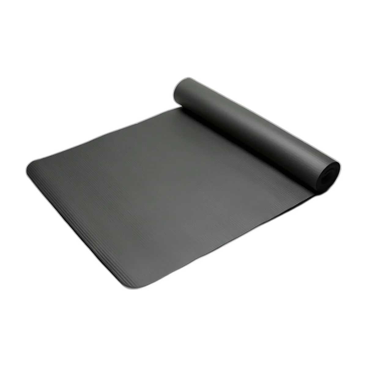 Tapis de yoga noir 8 mm roulé à moitié, vue de trois quarts