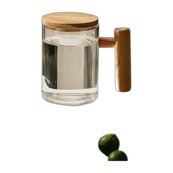 Tasse en verre fumé gris avec anse et couvercle en bois