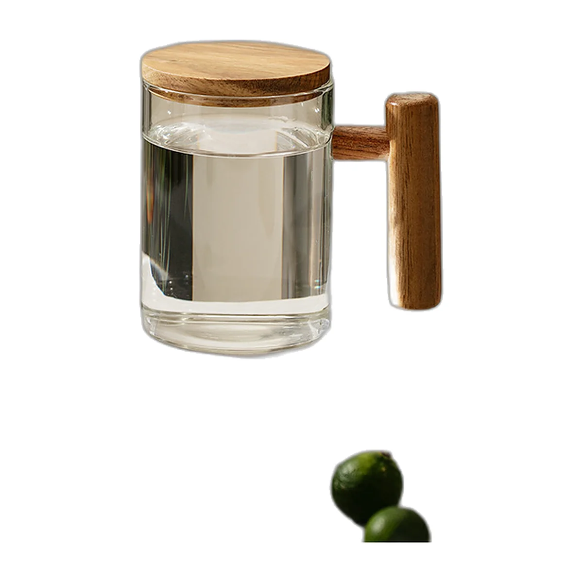 Tasse en verre fumé gris avec anse et couvercle en bois
