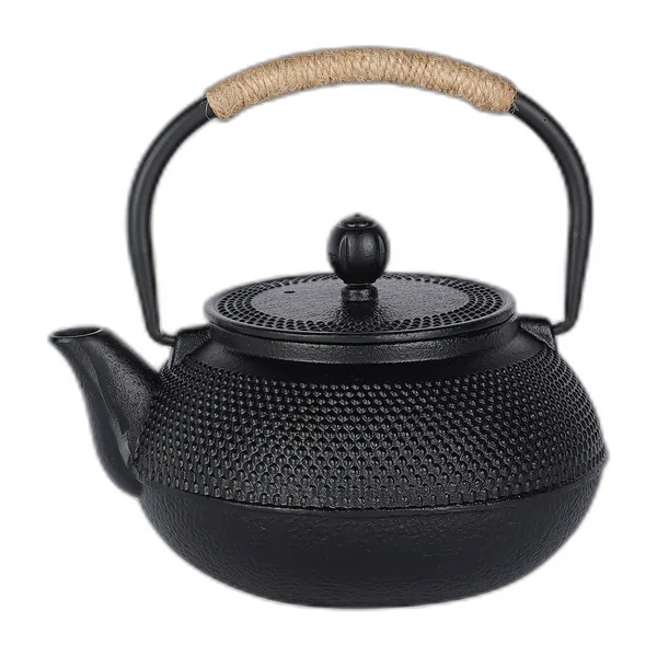 Théière en fonte noire à motif perlé et anse gainée de corde