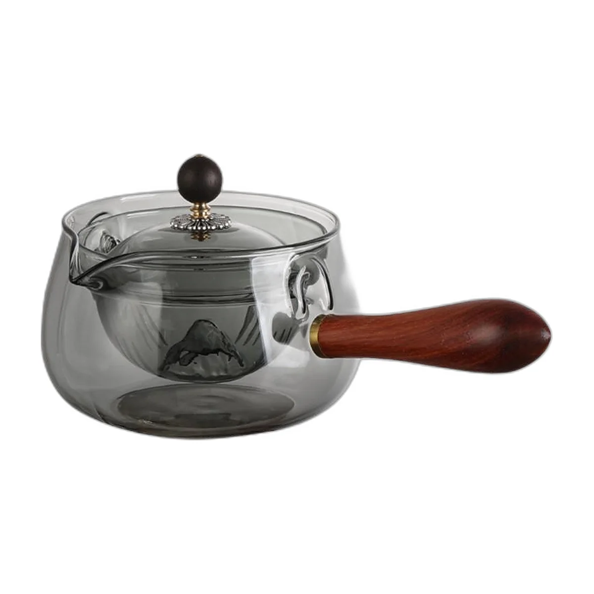 Théière en verre fumé gris à infuseur intégré, manche latéral en bois et bouton de couvercle