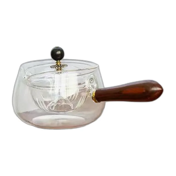 Théière en verre à infuseur rotatif et manche en bois — vue 2