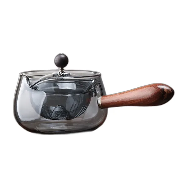 Théière en verre à infuseur rotatif et manche en bois — vue 4