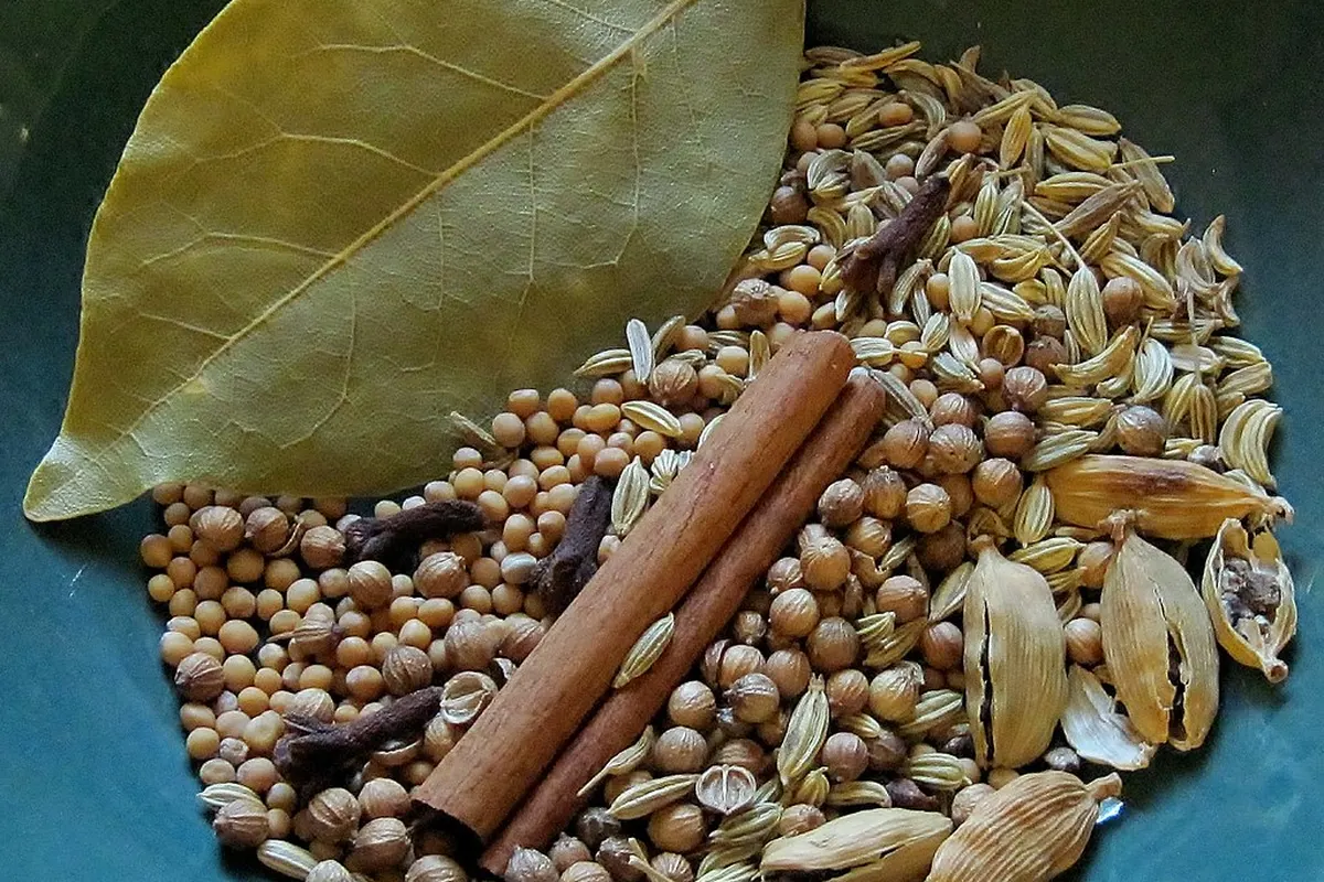 Épices entières dans un bol : bâton de cannelle, cardamome, coriandre et laurier