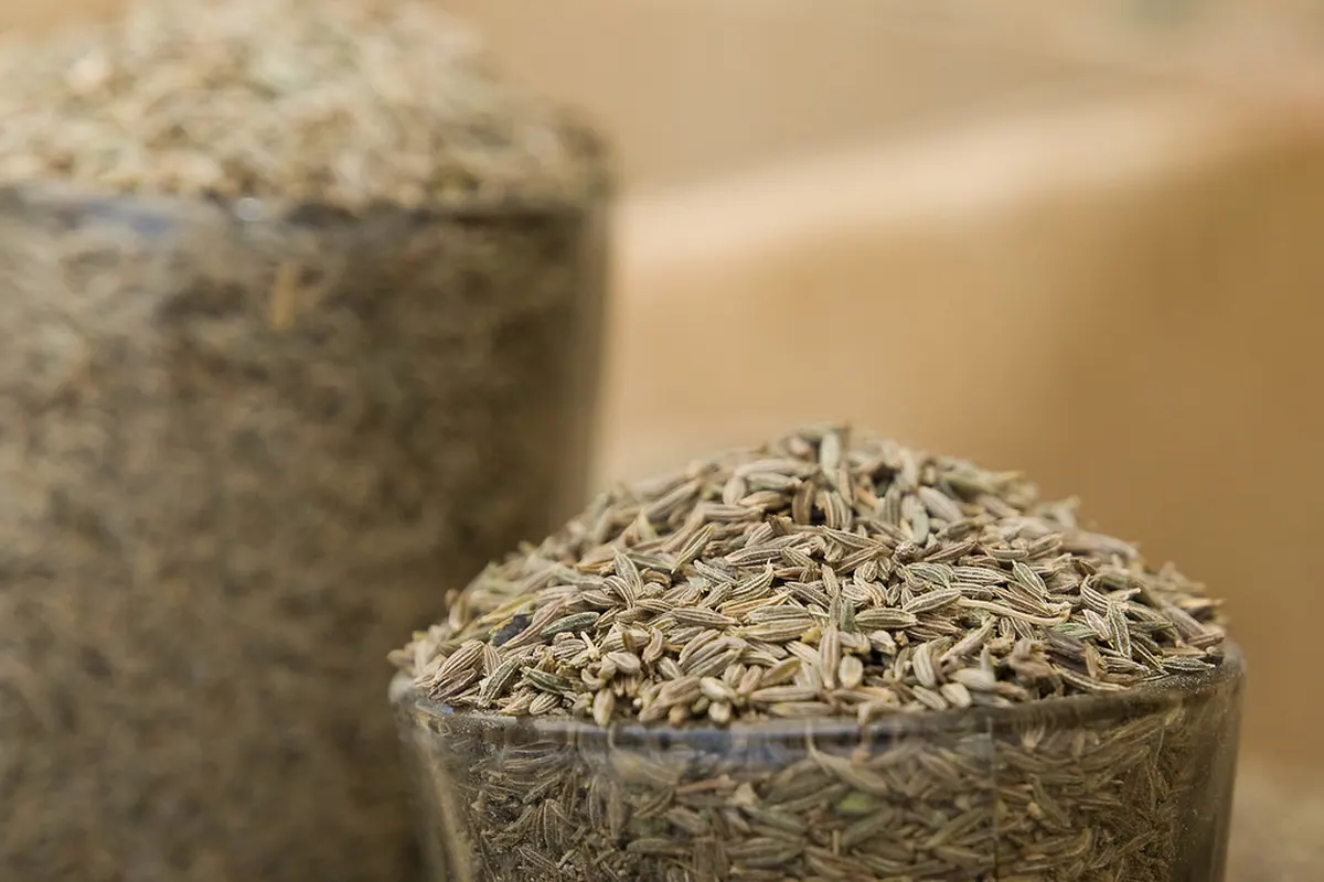 Graines de cumin dans une coupe en verre, base du jaljeera